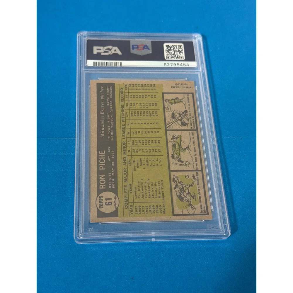 1961 Topps Ron Piche #61 Milwaukee Braves Pitcher PSA 8 NM-MT Baseball Card